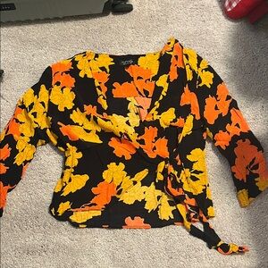 Topshop Black and Yellow Floral Wrap Blouse
